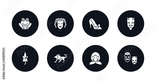 symbol for mobile filled icons set. filled icons such as toad, female medusa, cinderella shoe, evil, karakasakozou, chimera, little red riding hood, antagonist vector.