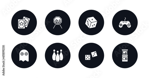 symbol for mobile filled icons set. filled icons such as magic cards, lottery game, dice, game controller, ghost, bowling pins, dices, game hine vector.