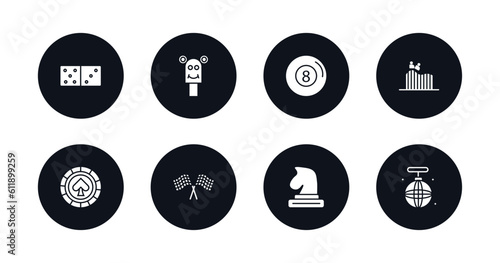 symbol for mobile filled icons set. filled icons such as domino, puppet show, eight ball, roller coaster, poker chip, racing, chess piece, disco vector.