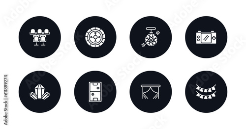 symbol for mobile filled icons set. filled icons such as cinema seat, roulette, nightclub, handheld game, crystal, air hockey, curtain stage, festival vector.
