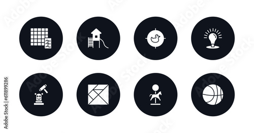 symbol for mobile filled icons set. filled icons such as shogi, toboggan, shoot duck, logic board games, whack a mole, tangram, carousel horse, dunk vector.