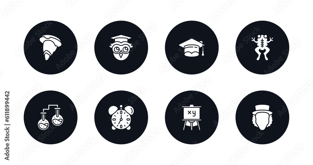 symbol for mobile filled icons set. filled icons such as don quixote, owl, graduate, frog, chemistry, alarm clock, easel, eugene onegin vector.