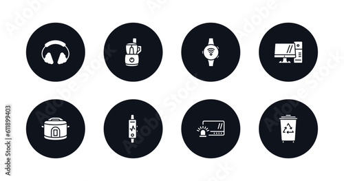 symbol for mobile filled icons set. filled icons such as earphones, food processor, smartband, personal computer, crock-pot, activity tracker, burglar alarm, trash compactor vector.