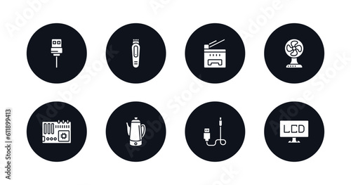 symbol for mobile filled icons set. filled icons such as usb wireless adapter, trimmer, copy hine, electric fan, motherboard, pertor, connector, lcd vector.