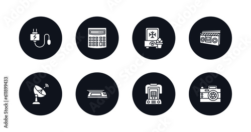 symbol for mobile filled icons set. filled icons such as charger, calculator, ice cream maker, boombox, satellite dish, scanner, heater, photo camera vector.