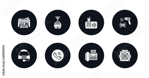 symbol for mobile filled icons set. filled icons such as printer, humidifier, answering hine, barcode scanner, headphones, telephone, fax, asic miner vector.