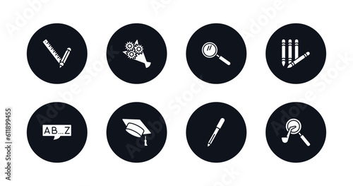symbol for mobile filled icons set. filled icons such as school material, bouquet, magnifying glass, crayon, alphabet, graduation hat, pen, sherlock holmes vector.