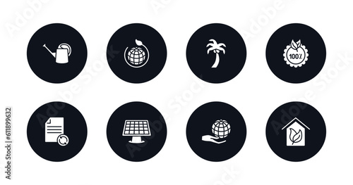 symbol for mobile filled icons set. filled icons such as watering can, eco, coconut tree, 100 % natural badge, recycled paper, solar energy, globe on hand, green house vector.