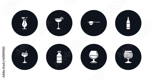 symbol for mobile filled icons set. filled icons such as tequila sunrise, daiquiri, sieve, lime rickey drink, last word drink, mashing, armagnac, brandy glass vector.
