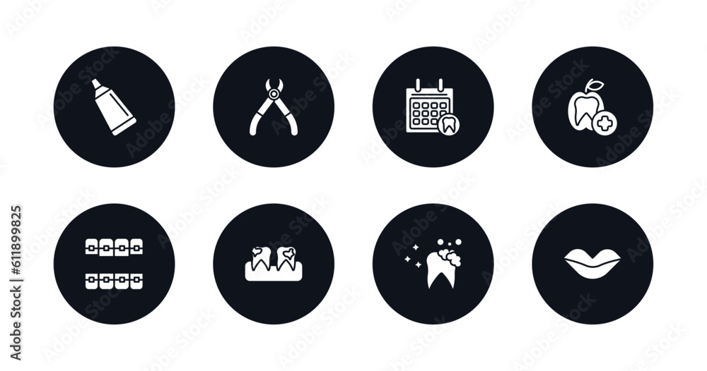 symbol for mobile filled icons set. filled icons such as toothpaste tube, tooth pliers, dental appointment, dentist, lingual braces, dental plaque, tooth cleaning, mouth vector.