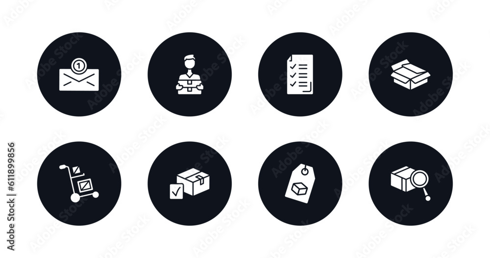 symbol for mobile filled icons set. filled icons such as air mail, courier, delivery list, unpacking, delivery cart, package checking, delivery tag, inspection vector. symbol for mobile filled icons set. filled icons such as air mail, courier, delivery list, unpacking, delivery cart, package checking, delivery tag, inspection vector.