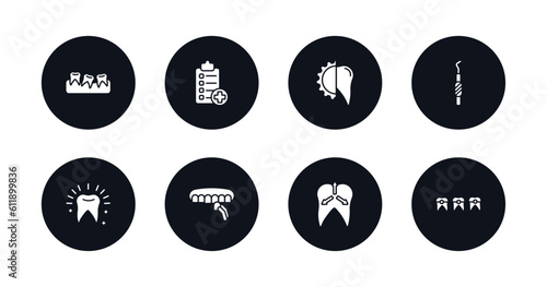 symbol for mobile filled icons set. filled icons such as malocclusion, medical list, apicoectomy, dental probe, white teeth, dental veneer, intraoral, dental brackets vector.