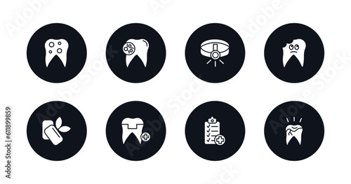 symbol for mobile filled icons set. filled icons such as bicuspid, bacteria in mouth, headlamp, cavities, mint gum, molar crown, health report, broken tooth vector.