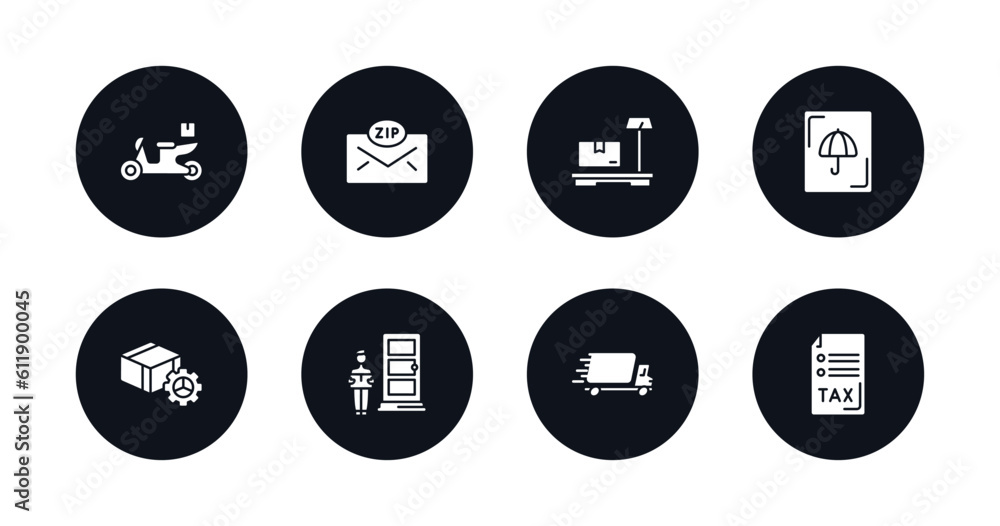 symbol for mobile filled icons set. filled icons such as delivery by motorcycle, zip code, delivery weighing, logistic umbrella, delivery tings, door, fast tax free vector.