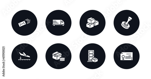 symbol for mobile filled icons set. filled icons such as express mail, cargo bus, freight, stamp, arrival, delivery scheduled, on door delivery, waybill vector.