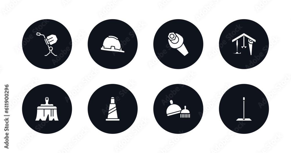 symbol for mobile filled icons set. filled icons such as cement mixers, safety helmet, wrench and nut, home repair, builder brush, traffic cone, dustpan and brush, cleaning mop vector. symbol for mobile filled icons set. filled icons such as cement mixers, safety helmet, wrench and nut, home repair, builder brush, traffic cone, dustpan and brush, cleaning mop vector.