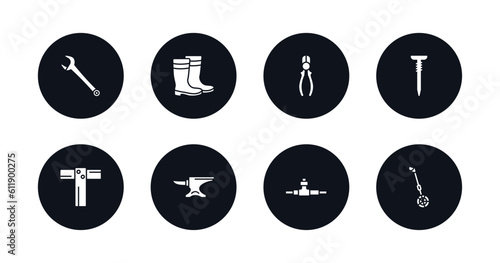symbol for mobile filled icons set. filled icons such as repair wrench, rubber boots, repair pliers, nail, boning rod, anvil, plumbing pipes, measuring wheel vector.