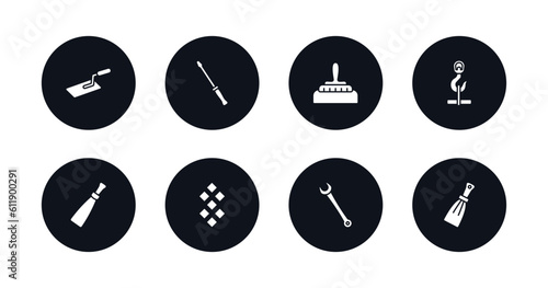 symbol for mobile filled icons set. filled icons such as trowel, repair screwdriver, construction works, hook with cargo, putty knife, tiles, garage wrench, scratcher tool vector.