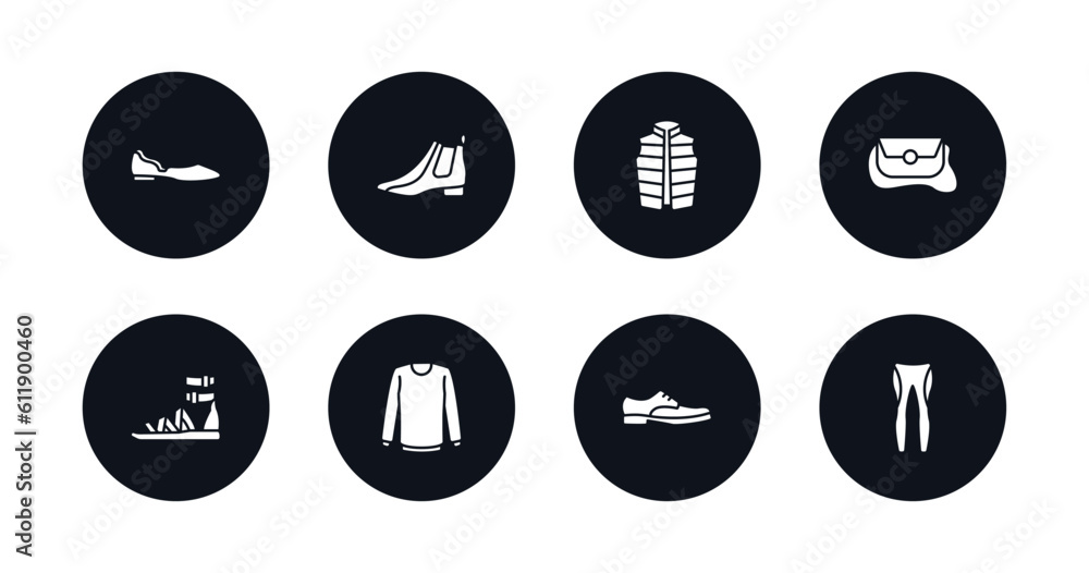 symbol for mobile filled icons set. filled icons such as ballets flats, leather chelsea boots, padded vest, messenger bag, gladiator sandal, collarless cotton shirt, leather derby shoe, leggins symbol for mobile filled icons set. filled icons such as ballets flats, leather chelsea boots, padded vest, messenger bag, gladiator sandal, collarless cotton shirt, leather derby shoe, leggins