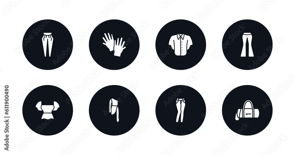symbol for mobile filled icons set. filled icons such as pegged pants, wool gloves, denim shirt, flare pants, peplum top, one shoulder dress, slim fit pants, barrel handbag vector. symbol for mobile filled icons set. filled icons such as pegged pants, wool gloves, denim shirt, flare pants, peplum top, one shoulder dress, slim fit pants, barrel handbag vector.