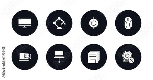 symbol for mobile filled icons set. filled icons such as computer monitor, robotics, calibrate, mouse device, online chat, laptop computer screen, save file, webcam disconnected vector.