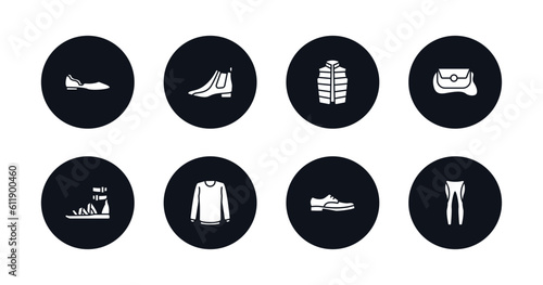 symbol for mobile filled icons set. filled icons such as ballets flats, leather chelsea boots, padded vest, messenger bag, gladiator sandal, collarless cotton shirt, leather derby shoe, leggins