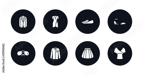 symbol for mobile filled icons set. filled icons such as jersey blazer, jersey wrap dress, loafer, flat shoes, pilot sunglasses, formal shirt, tulle skirt, draped top vector.