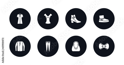 symbol for mobile filled icons set. filled icons such as lyocell shirt dress, chiffon suffle blouse, ankle boots, wool boots, cotton cardigan, boyfriend low jean, hobo bag, bow tie vector.