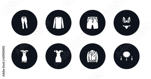 symbol for mobile filled icons set. filled icons such as sweatpants, long sleeves t shirt, chino shorts, lingerine, off the shoulder dress, drees, leather biker jacket, jewelry vector.