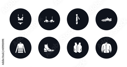 symbol for mobile filled icons set. filled icons such as lingerie, bra, cravat, soccer shoe, turtleneck, brisk boots, waistcoat, parka vector.