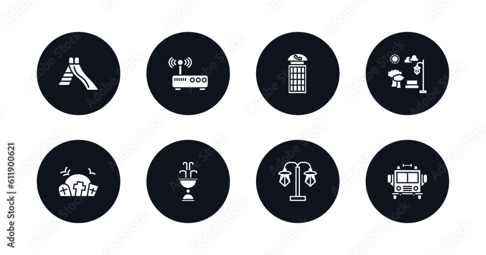 symbol for mobile filled icons set. filled icons such as slide, gat, phone booth, park, cementery, fountain, street light, fire truck vector. symbol for mobile filled icons set. filled icons such as slide, gat, phone booth, park, cementery, fountain, street light, fire truck vector.