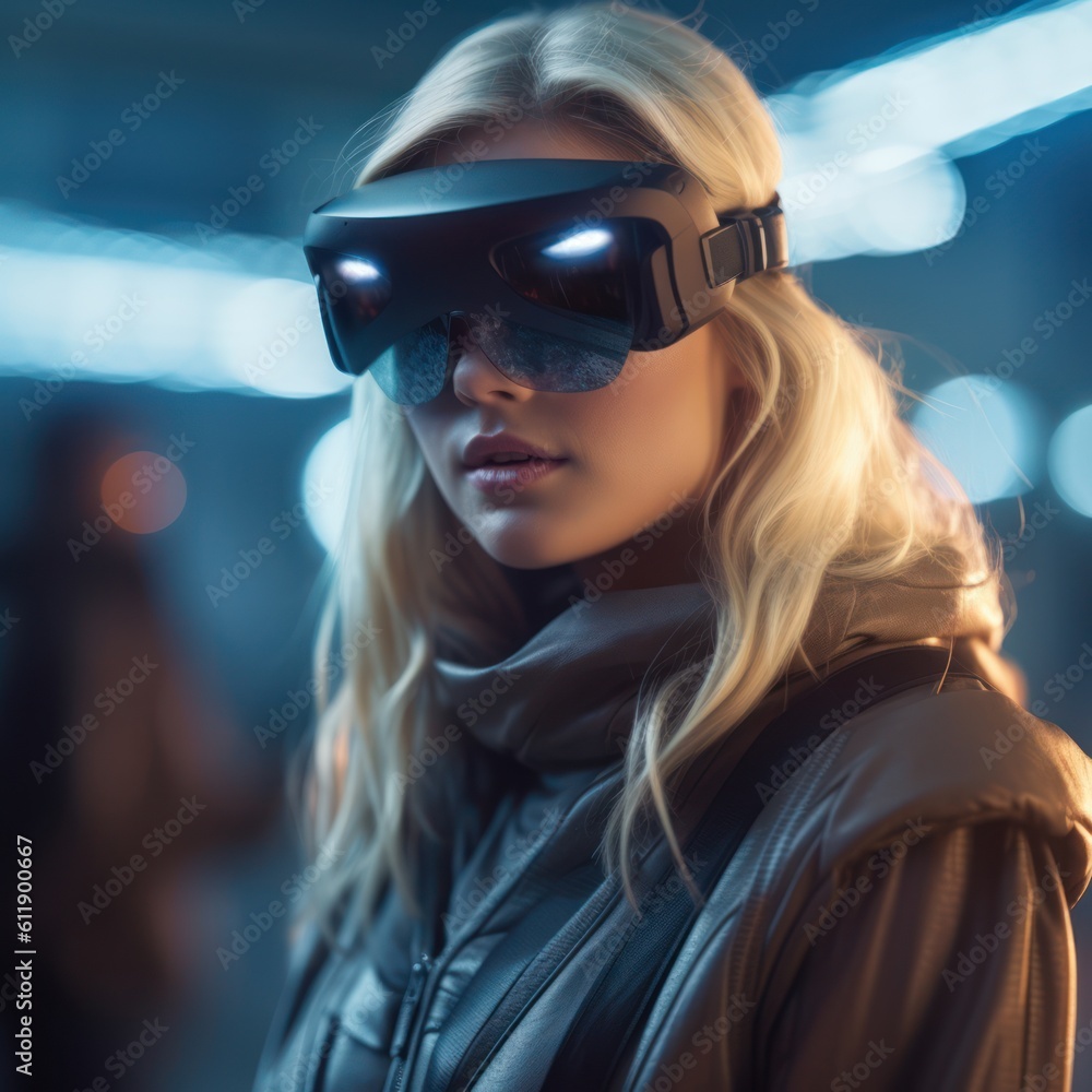 Person wearing VR Virtual Reality Goggles, VR Headset, futuristic metaverse headset goggle device Person wearing VR Virtual Reality Goggles, VR Headset, futuristic metaverse headset goggle device