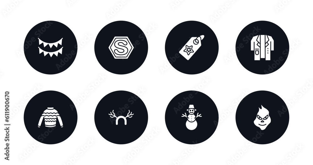 symbol for mobile filled icons set. filled icons such as celebration garlands, letter shadow, gift tag, doctor coat, winter sweater, reindeer antlers, happy snowman, vector. symbol for mobile filled icons set. filled icons such as celebration garlands, letter shadow, gift tag, doctor coat, winter sweater, reindeer antlers, happy snowman, vector.
