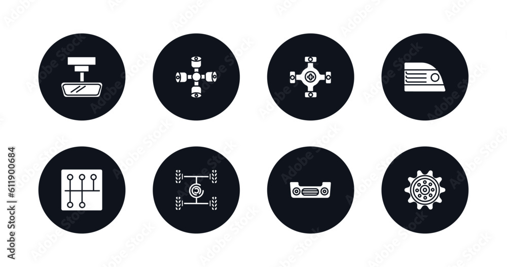 symbol for mobile filled icons set. filled icons such as car rear-view mirror, car wheel brace, car universal joint, brake light, gearbox, suspension, bumper, sprocket vector. symbol for mobile filled icons set. filled icons such as car rear-view mirror, car wheel brace, car universal joint, brake light, gearbox, suspension, bumper, sprocket vector.