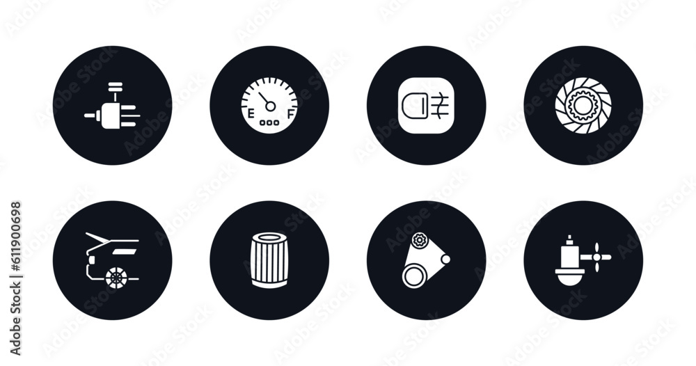 symbol for mobile filled icons set. filled icons such as car distributor, car fuel gauge, car fog lamp, clutch, boot, oil filter, fan belt, sump vector. symbol for mobile filled icons set. filled icons such as car distributor, car fuel gauge, car fog lamp, clutch, boot, oil filter, fan belt, sump vector.