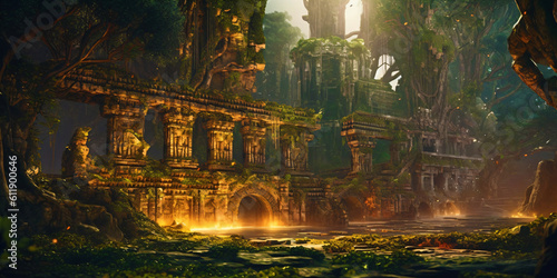 Ancient Temple in a Jungle, fictional landscape made with generative ai