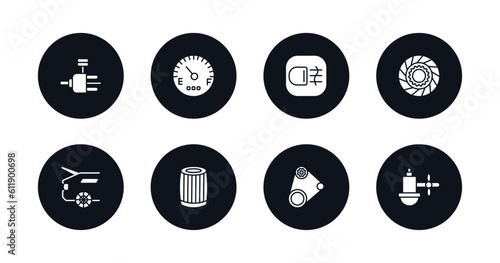symbol for mobile filled icons set. filled icons such as car distributor, car fuel gauge, car fog lamp, clutch, boot, oil filter, fan belt, sump vector.