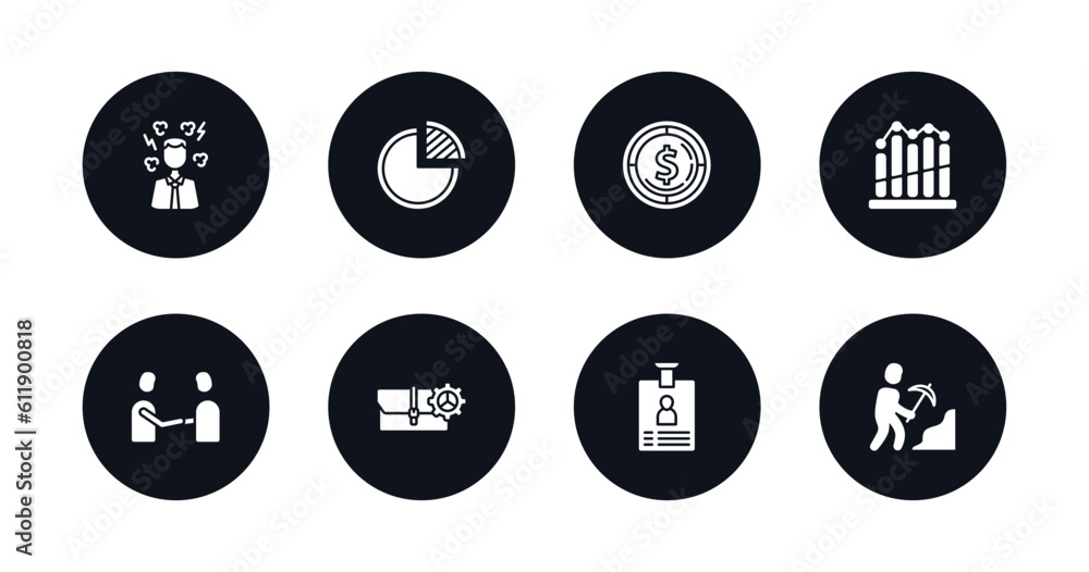 symbol for mobile filled icons set. filled icons such as angry boss, quarter pie chart, one dollar coins, business graph, men shaking hands, briefcase tings, identity card, worker digging a hole symbol for mobile filled icons set. filled icons such as angry boss, quarter pie chart, one dollar coins, business graph, men shaking hands, briefcase tings, identity card, worker digging a hole