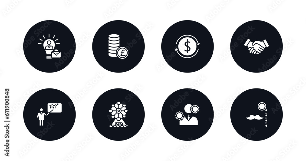 symbol for mobile filled icons set. filled icons such as success man, pounds coins stack, return of investment, shaking hands, man presentation, big ferris wheel, man with solutions, with moustach symbol for mobile filled icons set. filled icons such as success man, pounds coins stack, return of investment, shaking hands, man presentation, big ferris wheel, man with solutions, with moustach