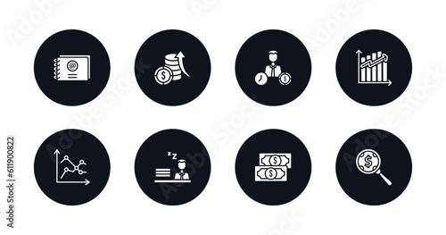 symbol for mobile filled icons set. filled icons such as email contacts, money investment, worker money time, ascendant graph, line chart statistics, sleepy worker at work, american dollar bill,