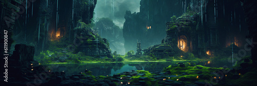 ancient temple ruins in asian jungle, fictional landscape made with generative a Fototapet