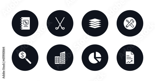 symbol for mobile filled icons set. filled icons such as address book, golf sticks, stack, tool button, money finder, corporation, pie chart statistics, paper graphic vector.
