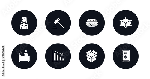 symbol for mobile filled icons set. filled icons such as businesswomen, punishment, basic burger, structure, director desk, deficit, empty box, big safe vector.