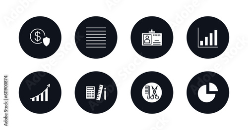 symbol for mobile filled icons set. filled icons such as safe money, lines, journalist id card, bar diagram, graphic progression, maths tool, hair salon, pie graphic vector.