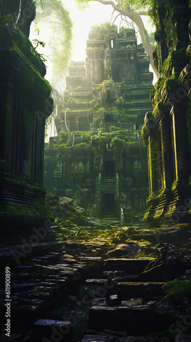 ruins of ancient temple, fictional landscape made with generative ai