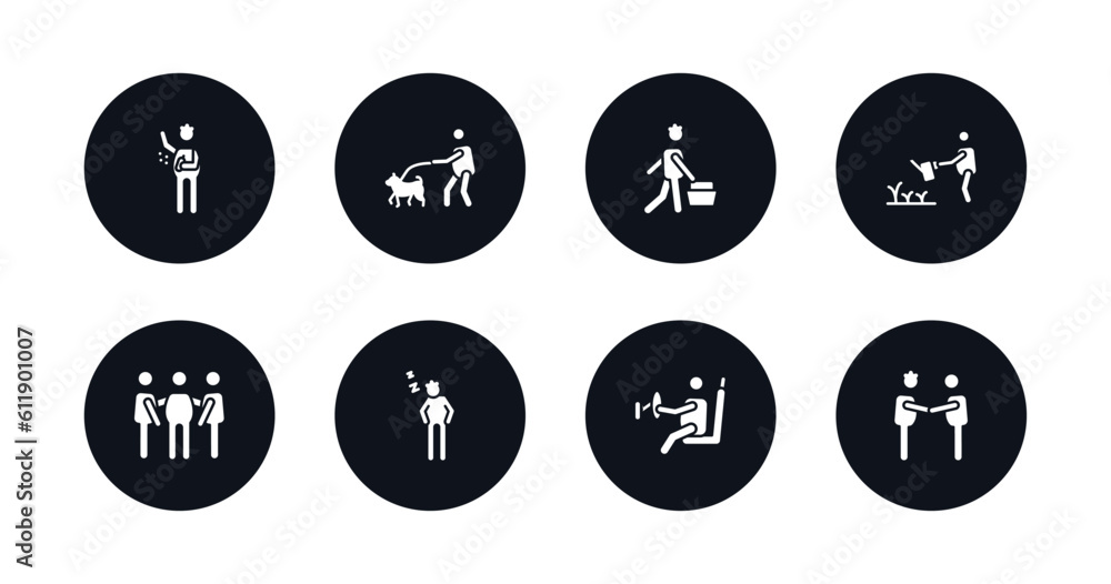 symbol for mobile filled icons set. filled icons such as man spraying deodorant, walking the dog, man shopping, watering plants, three men conference, man snoozing, driving, two men meeting vector. symbol for mobile filled icons set. filled icons such as man spraying deodorant, walking the dog, man shopping, watering plants, three men conference, man snoozing, driving, two men meeting vector.