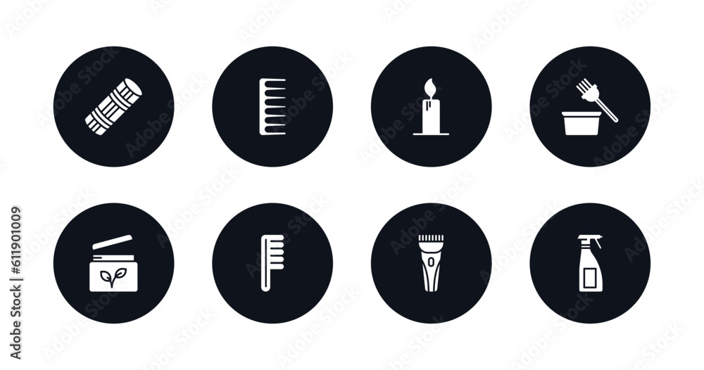 symbol for mobile filled icons set. filled icons such as foam curler, hairbrush, candle light, tint bowl, feet cream, one comb, hair razor, aplicator bottle vector. symbol for mobile filled icons set. filled icons such as foam curler, hairbrush, candle light, tint bowl, feet cream, one comb, hair razor, aplicator bottle vector.