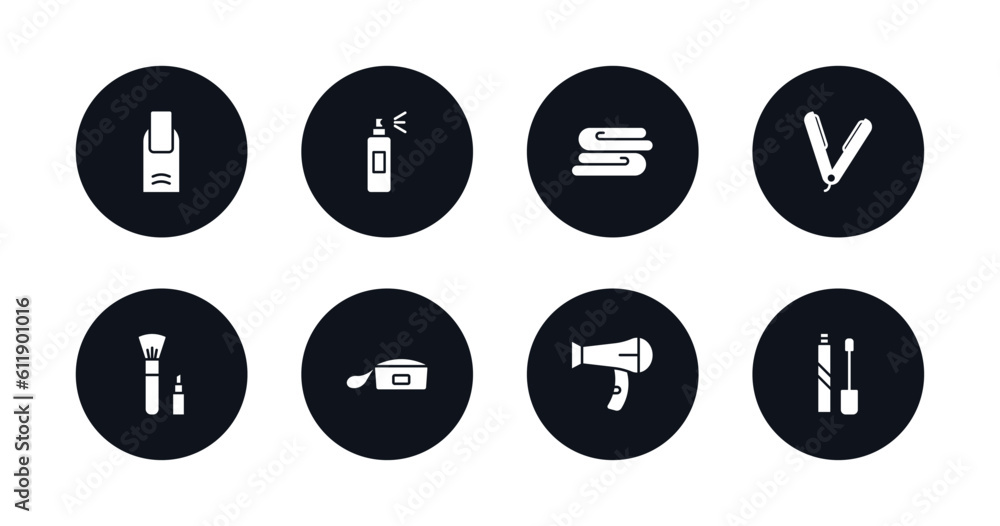 symbol for mobile filled icons set. filled icons such as finger with nail, deodorant, folded towel, hair straightener, make up, little makeup box, hairdryer facing left, liquid lipstick vector. symbol for mobile filled icons set. filled icons such as finger with nail, deodorant, folded towel, hair straightener, make up, little makeup box, hairdryer facing left, liquid lipstick vector.