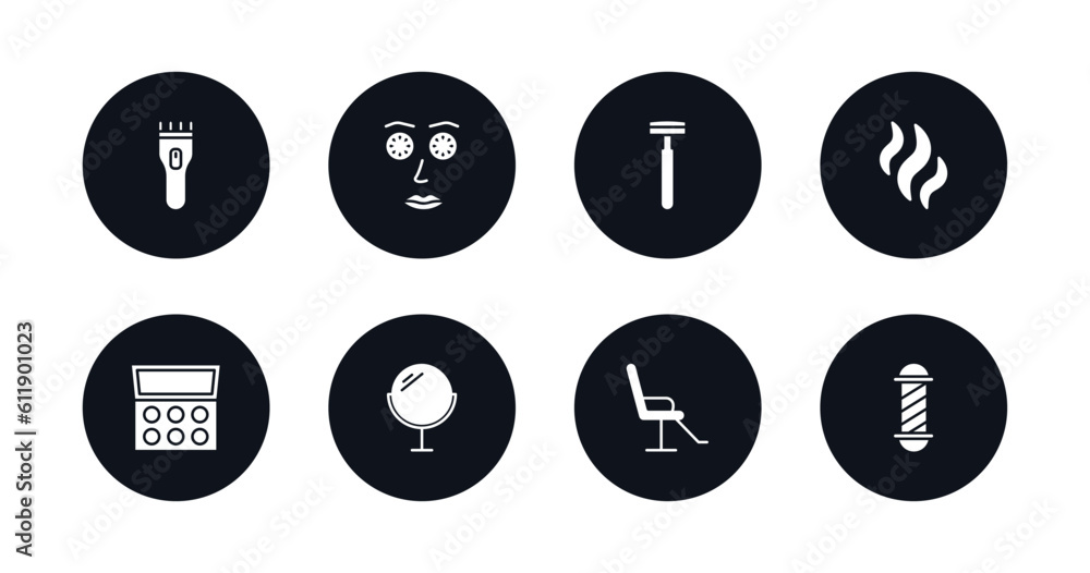 symbol for mobile filled icons set. filled icons such as hair clipper, cucumber slices on face, razor, aroma, eye shadow, makeup mirror, beauty salon chair, barber shop vector. symbol for mobile filled icons set. filled icons such as hair clipper, cucumber slices on face, razor, aroma, eye shadow, makeup mirror, beauty salon chair, barber shop vector.