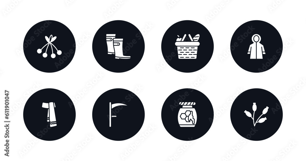 symbol for mobile filled icons set. filled icons such as rowan, rain boots, picnic basket, raincoat, scarf, scythe, honey, rosa canina vector. symbol for mobile filled icons set. filled icons such as rowan, rain boots, picnic basket, raincoat, scarf, scythe, honey, rosa canina vector.